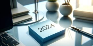 Desk with 2024 calendar block, pen, and laptop.