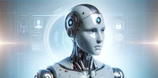 Futuristic humanoid robot with AI interface technology