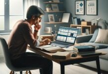 Man studying cybersecurity data on laptop at home desk