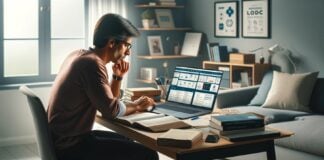 Man studying cybersecurity data on laptop at home desk