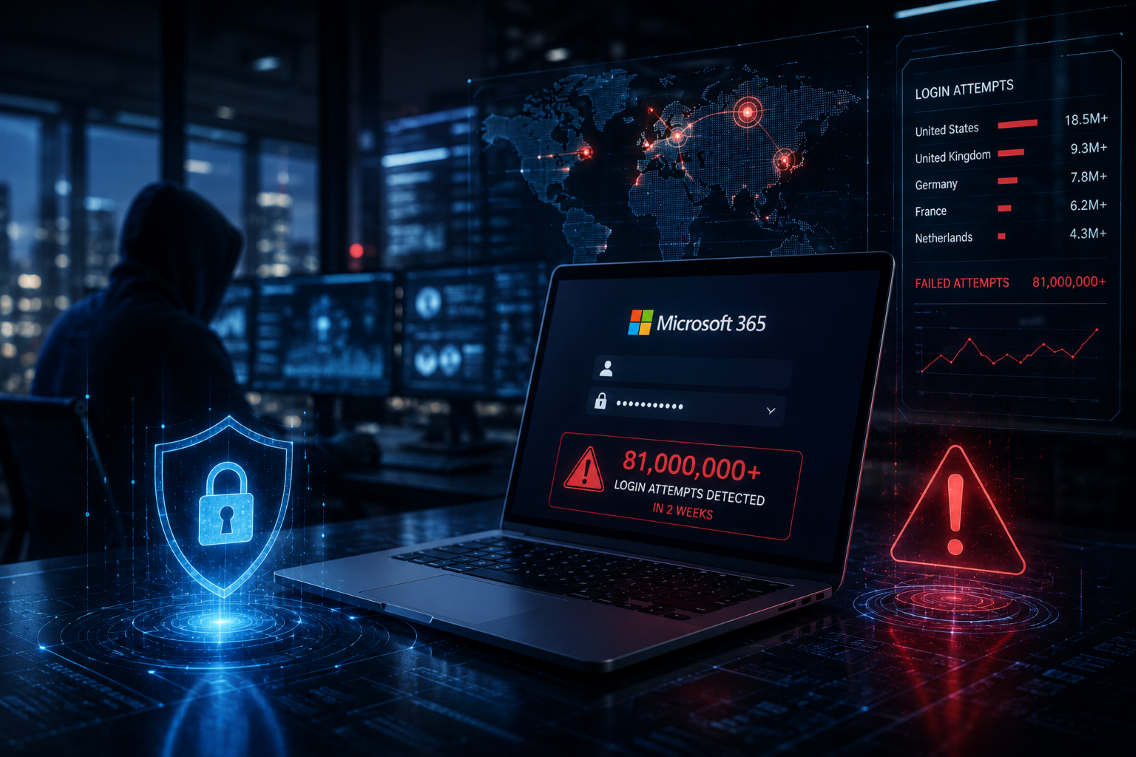 Microsoft 365 users targeted in massive password spray attack with 81 million login attempts; Huntress reports at least 78 successful breaches.