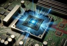 Futuristic microchip glowing with digital energy burst