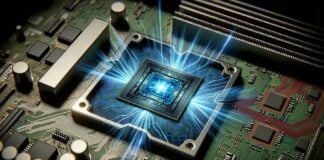 Futuristic microchip glowing with digital energy burst
