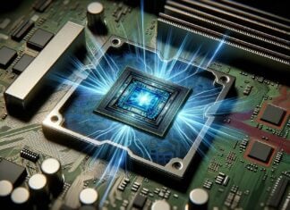 Futuristic microchip glowing with digital energy burst