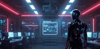 Futuristic robot analyzing data in control center