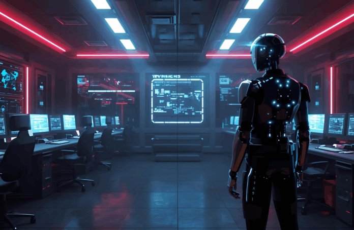 Futuristic robot analyzing data in control center