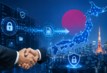Business handshake with cybersecurity