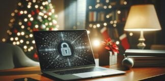 Cybersecurity laptop on desk with holiday decor