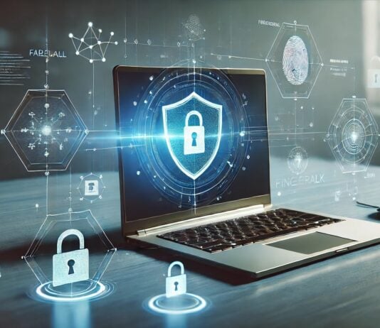 Secure network concept shown with laptop and padlocks