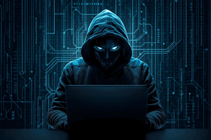 Anonymous hacker in dark hoodie using laptop