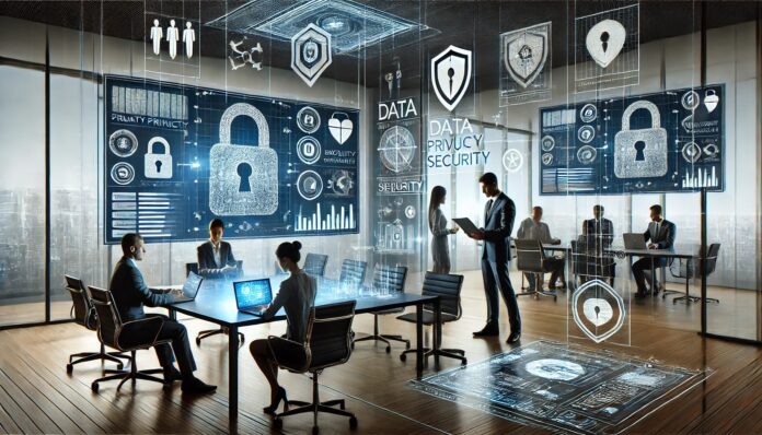DALL·E 2025-01-25 16.40.45 - A professional scene representing data privacy and security. The setting includes a sleek office environment with large screens displaying encrypted d