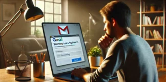 Man facing Gmail phishing security breach alert
