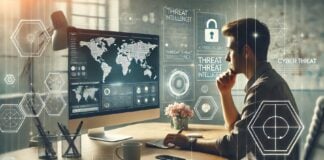 A hyper-realistic, well-lit widescreen image of a single cybersecurity analyst sitting at a desk,