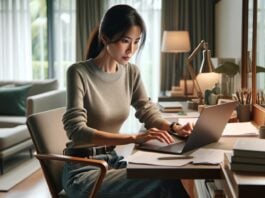 Focused professional woman working on laptop