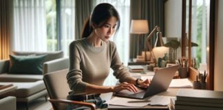 Focused professional woman working on laptop