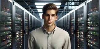 IT professional standing in modern data center room