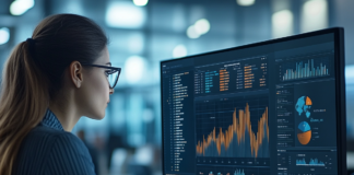 Business analyst reviewing data charts on computer