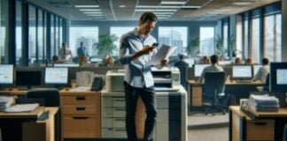 Employee reviewing documents in modern office space