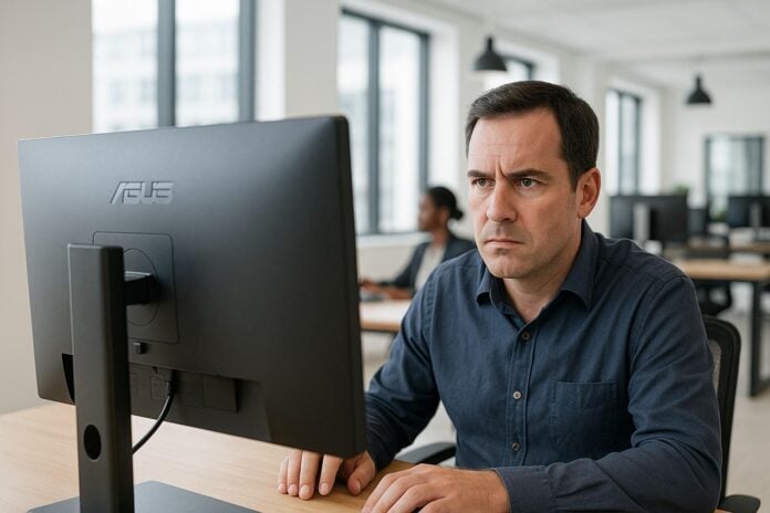 Focused man working on computer in modern office space