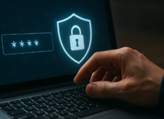User entering password on laptop with cybersecurity lock