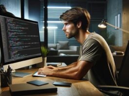 Programmer coding on desktop in modern workspace