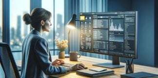 Woman analyzing data on SAP dashboard in office