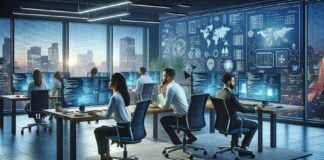 Cybersecurity team monitoring data in office