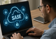 Man using laptop with SASE cloud security solution