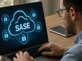Man using laptop with SASE cloud security solution