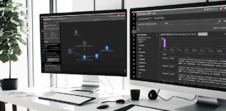 Cybersecurity monitoring dashboards on dual screens