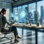 Businesswoman using futuristic digital interface screen