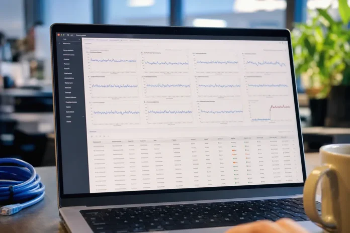 Cloud monitoring console on a laptop showing a sustained spike in outbound network traffic from a compromised AI gateway instance