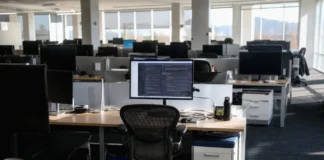 AI Security in 2027: 54% of Firms Can’t Limit AI Agent Access Brightly lit open-plan office with rows of desks and monitors; one active monitor at a central workstation.