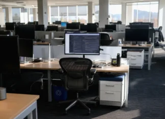 AI Security in 2027: 54% of Firms Can’t Limit AI Agent Access Brightly lit open-plan office with rows of desks and monitors; one active monitor at a central workstation.