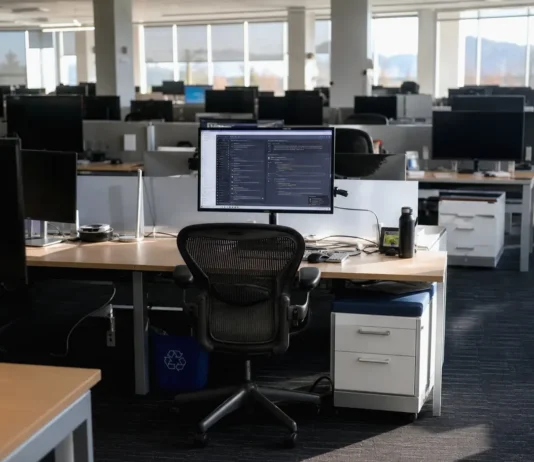 Brightly lit open-plan office with rows of desks and monitors; one active monitor at a central workstation.