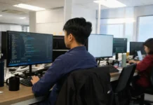 Vulnerability Remediation Gap: 79% Breached by Known Weaknesses A security analyst sits at a desk, focused on a monitor displaying a vulnerability tracking dashboard in a bright office.