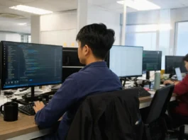 A security analyst sits at a desk, focused on a monitor