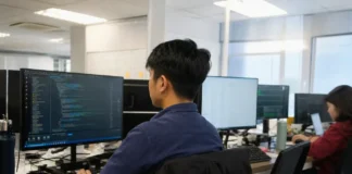 A security analyst sits at a desk, focused on a monitor