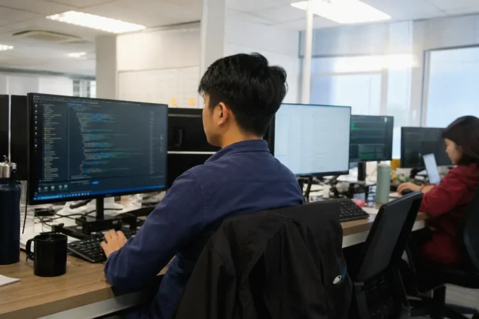 A security analyst sits at a desk, focused on a monitor A security analyst sits at a desk, focused on a monitor