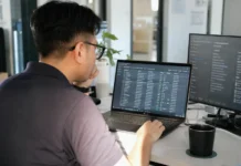 AI Governance Gap: 81% of CISOs Fear Agents They Can’t Fully See A person with glasses sits at a desk, focused on a laptop displaying data, in a bright modern office.