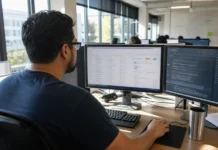 A cloud security engineer works at a workstation with two monitors in a bright, modern office setting.