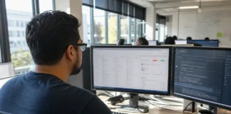 A cloud security engineer works at a workstation with two monitors in a bright, modern office setting.