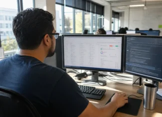 Most AI-Related Breaches Skip the Model, IBM’s 2026 Report Finds A cloud security engineer works at a workstation with two monitors in a bright, modern office setting.