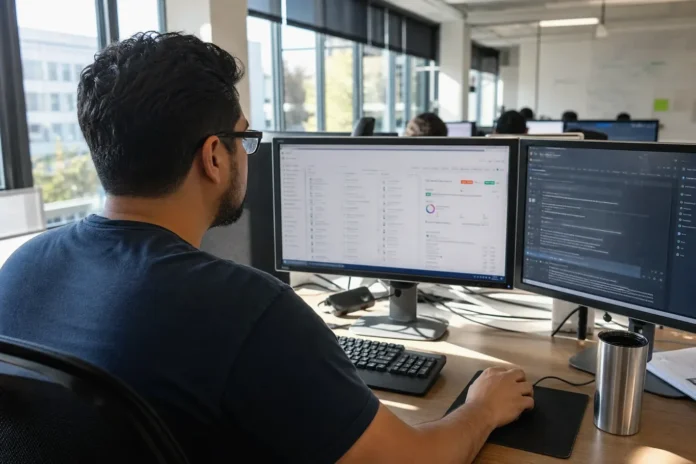 A cloud security engineer works at a workstation with two monitors in a bright, modern office setting.
