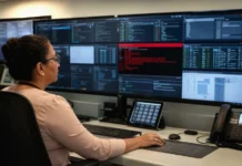 Medusa Ransomware Hits 500 Critical Infrastructure Orgs by Buying Access A woman sits at a desk, focused on multiple screens displaying network data and remote-access session tiles.