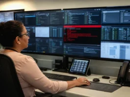 A woman sits at a desk, focused on multiple screens displaying network data and remote-access session tiles.