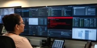 A woman sits at a desk, focused on multiple screens displaying network data and remote-access session tiles.