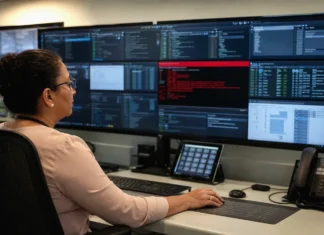 Medusa Ransomware Hits 500 Critical Infrastructure Orgs by Buying Access A woman sits at a desk, focused on multiple screens displaying network data and remote-access session tiles.