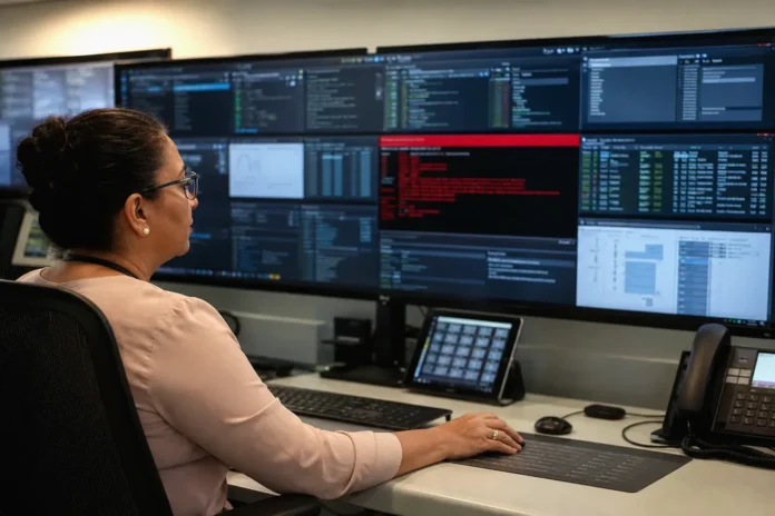 A woman sits at a desk, focused on multiple screens displaying network data and remote-access session tiles.