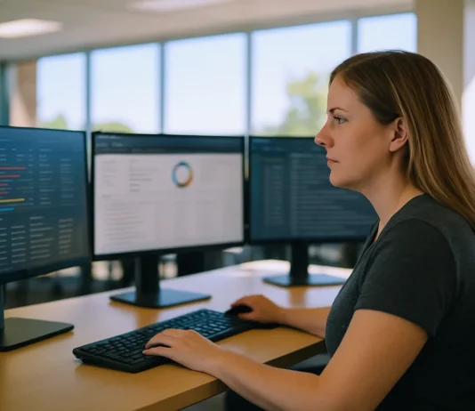 A woman sits at a desk in a bright, modern office